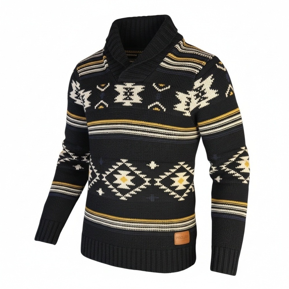 PROJEK RAW Cabincore Modern Heritage Mens‎ Shawl Collar Fair Isle Knit Sweater